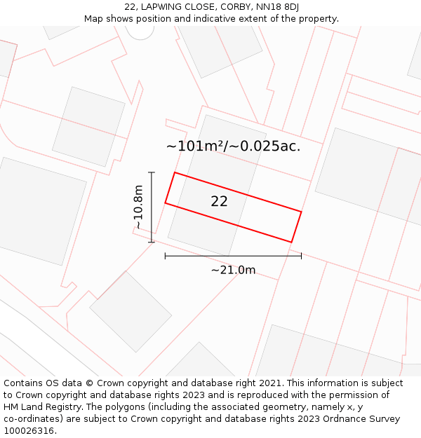 22, LAPWING CLOSE, CORBY, NN18 8DJ: Plot and title map
