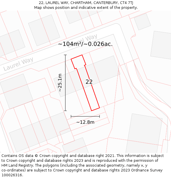 22, LAUREL WAY, CHARTHAM, CANTERBURY, CT4 7TJ: Plot and title map