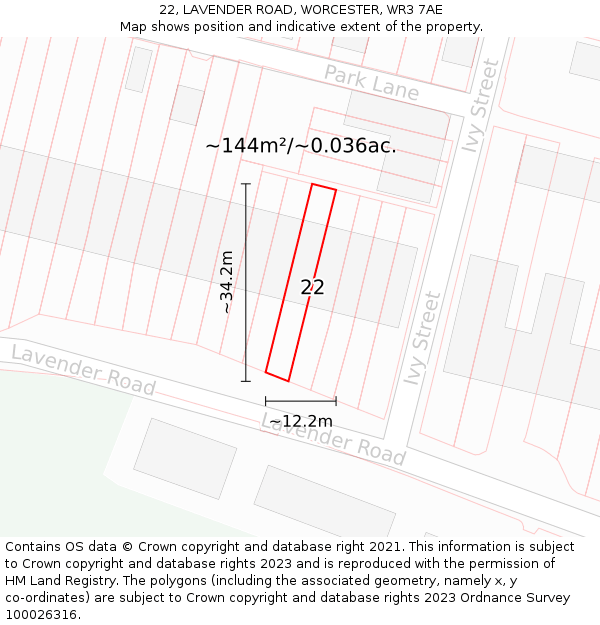 22, LAVENDER ROAD, WORCESTER, WR3 7AE: Plot and title map