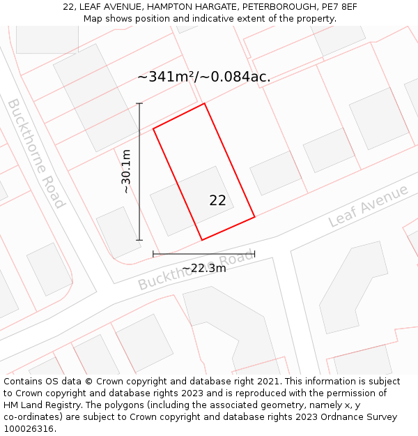 22, LEAF AVENUE, HAMPTON HARGATE, PETERBOROUGH, PE7 8EF: Plot and title map