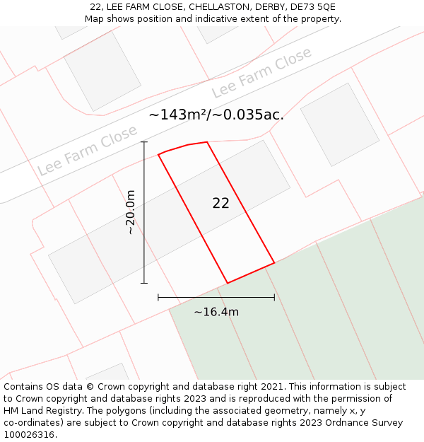 22, LEE FARM CLOSE, CHELLASTON, DERBY, DE73 5QE: Plot and title map