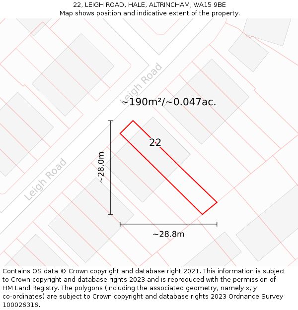 22, LEIGH ROAD, HALE, ALTRINCHAM, WA15 9BE: Plot and title map