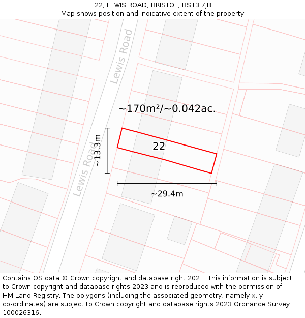 22, LEWIS ROAD, BRISTOL, BS13 7JB: Plot and title map