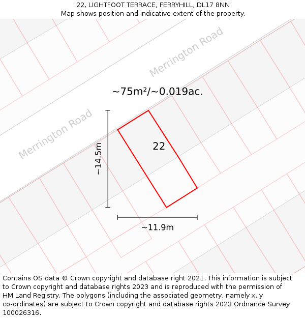 22, LIGHTFOOT TERRACE, FERRYHILL, DL17 8NN: Plot and title map