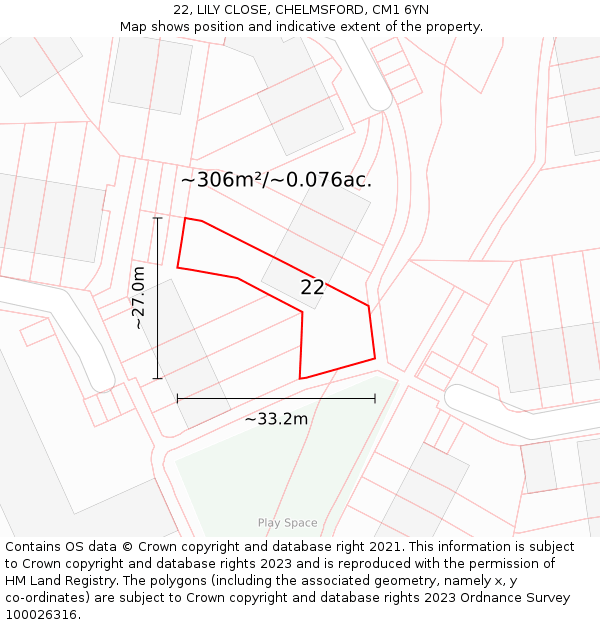 22, LILY CLOSE, CHELMSFORD, CM1 6YN: Plot and title map