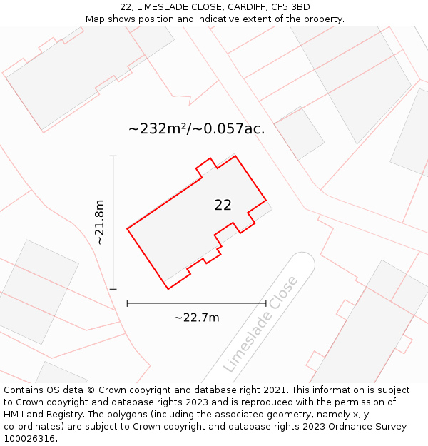 22, LIMESLADE CLOSE, CARDIFF, CF5 3BD: Plot and title map