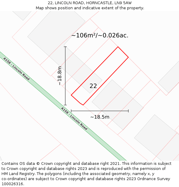 22, LINCOLN ROAD, HORNCASTLE, LN9 5AW: Plot and title map