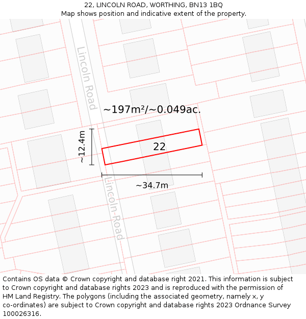 22, LINCOLN ROAD, WORTHING, BN13 1BQ: Plot and title map