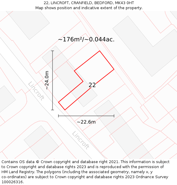 22, LINCROFT, CRANFIELD, BEDFORD, MK43 0HT: Plot and title map