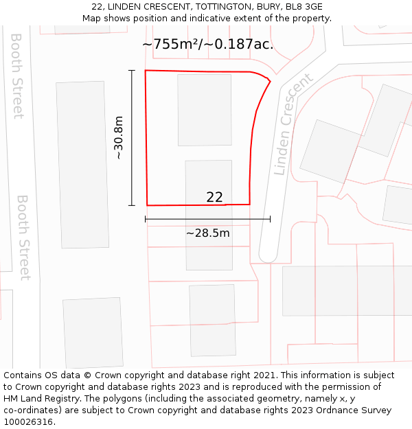 22, LINDEN CRESCENT, TOTTINGTON, BURY, BL8 3GE: Plot and title map