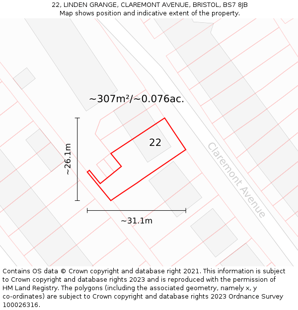 22, LINDEN GRANGE, CLAREMONT AVENUE, BRISTOL, BS7 8JB: Plot and title map