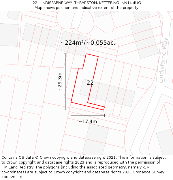 22, LINDISFARNE WAY, THRAPSTON, KETTERING, NN14 4UG: Plot and title map