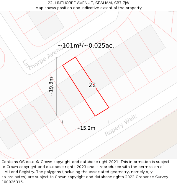 22, LINTHORPE AVENUE, SEAHAM, SR7 7JW: Plot and title map