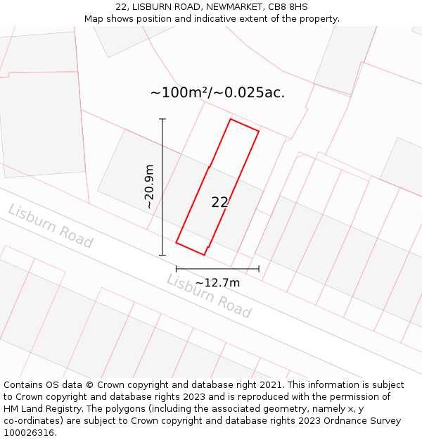 22, LISBURN ROAD, NEWMARKET, CB8 8HS: Plot and title map