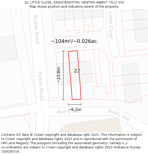 22, LITTLE CLOSE, KINGSTEIGNTON, NEWTON ABBOT, TQ12 3YZ: Plot and title map