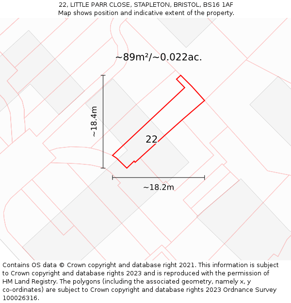22, LITTLE PARR CLOSE, STAPLETON, BRISTOL, BS16 1AF: Plot and title map