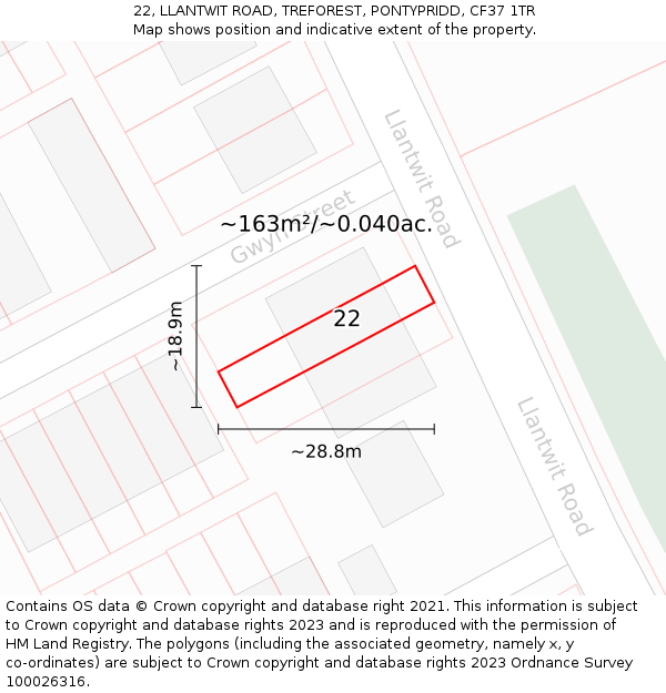 22, LLANTWIT ROAD, TREFOREST, PONTYPRIDD, CF37 1TR: Plot and title map