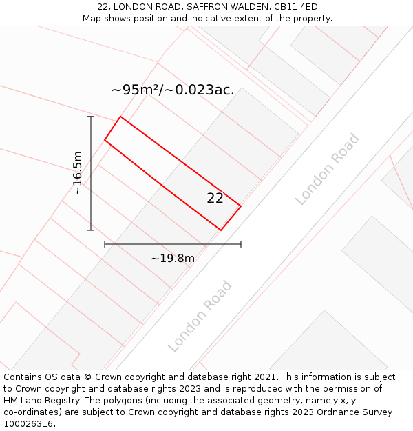22, LONDON ROAD, SAFFRON WALDEN, CB11 4ED: Plot and title map