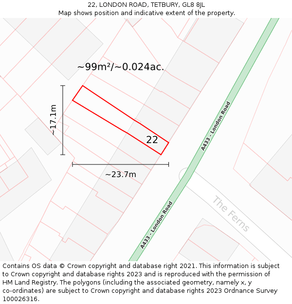 22, LONDON ROAD, TETBURY, GL8 8JL: Plot and title map