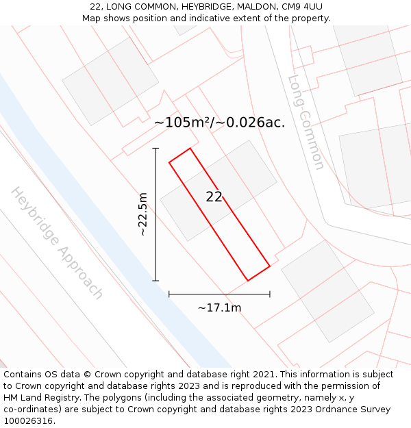 22, LONG COMMON, HEYBRIDGE, MALDON, CM9 4UU: Plot and title map