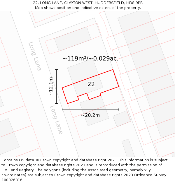 22, LONG LANE, CLAYTON WEST, HUDDERSFIELD, HD8 9PR: Plot and title map