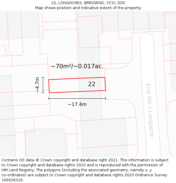 22, LONGACRES, BRIDGEND, CF31 2DD: Plot and title map