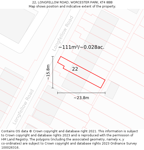 22, LONGFELLOW ROAD, WORCESTER PARK, KT4 8BB: Plot and title map