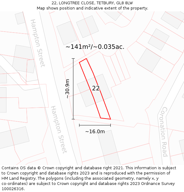 22, LONGTREE CLOSE, TETBURY, GL8 8LW: Plot and title map