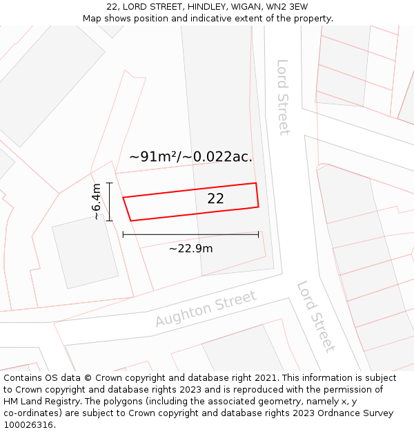 22, LORD STREET, HINDLEY, WIGAN, WN2 3EW: Plot and title map