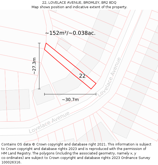 22, LOVELACE AVENUE, BROMLEY, BR2 8DQ: Plot and title map