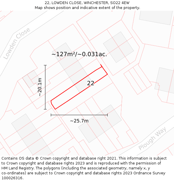 22, LOWDEN CLOSE, WINCHESTER, SO22 4EW: Plot and title map
