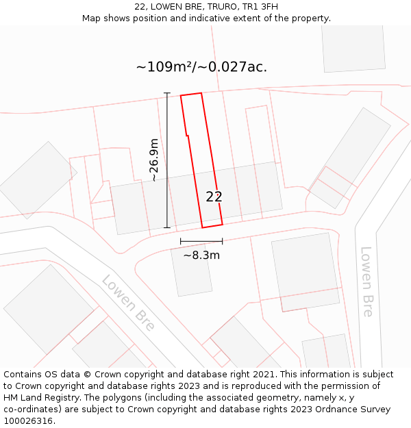 22, LOWEN BRE, TRURO, TR1 3FH: Plot and title map