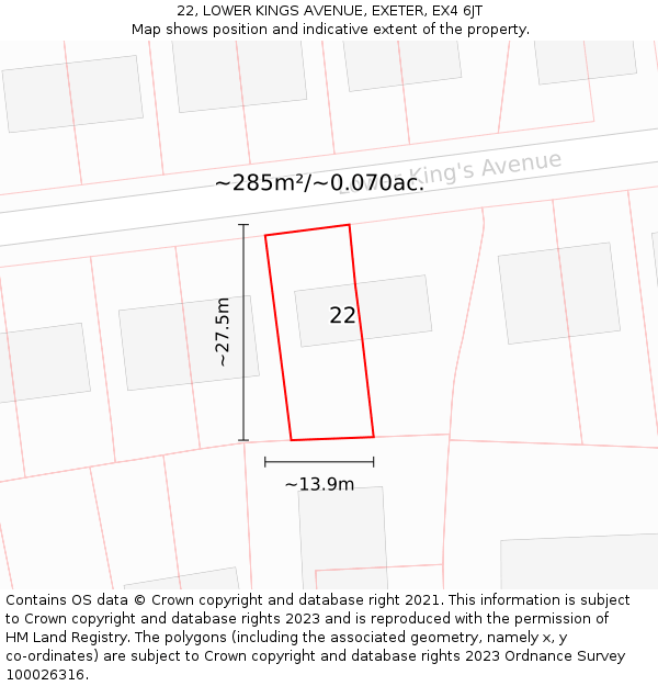 22, LOWER KINGS AVENUE, EXETER, EX4 6JT: Plot and title map