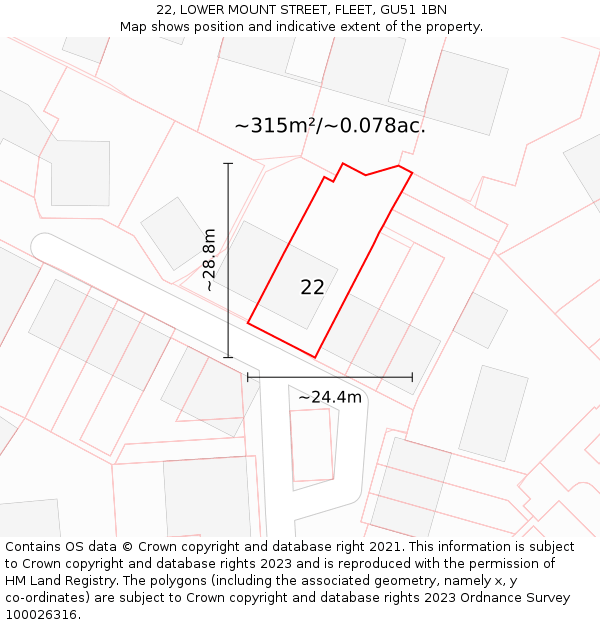 22, LOWER MOUNT STREET, FLEET, GU51 1BN: Plot and title map