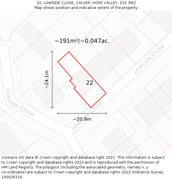 22, LOWSIDE CLOSE, CALVER, HOPE VALLEY, S32 3WZ: Plot and title map