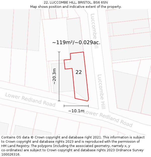 22, LUCCOMBE HILL, BRISTOL, BS6 6SN: Plot and title map