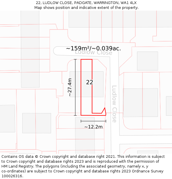 22, LUDLOW CLOSE, PADGATE, WARRINGTON, WA1 4LX: Plot and title map