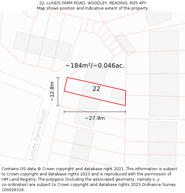 22, LUNDS FARM ROAD, WOODLEY, READING, RG5 4PY: Plot and title map