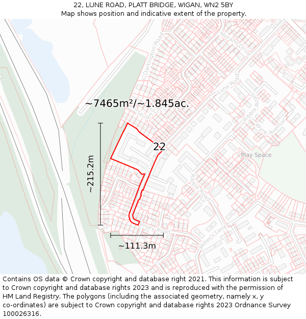 22, LUNE ROAD, PLATT BRIDGE, WIGAN, WN2 5BY: Plot and title map