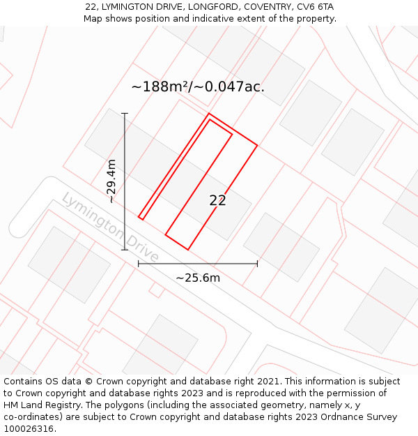 22, LYMINGTON DRIVE, LONGFORD, COVENTRY, CV6 6TA: Plot and title map