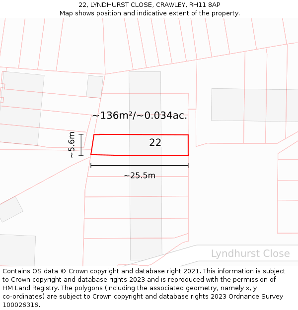 22, LYNDHURST CLOSE, CRAWLEY, RH11 8AP: Plot and title map