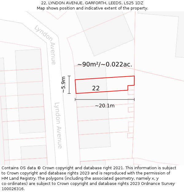 22, LYNDON AVENUE, GARFORTH, LEEDS, LS25 1DZ: Plot and title map