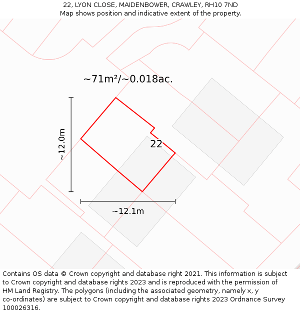 22, LYON CLOSE, MAIDENBOWER, CRAWLEY, RH10 7ND: Plot and title map