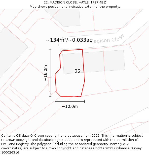 22, MADISON CLOSE, HAYLE, TR27 4BZ: Plot and title map