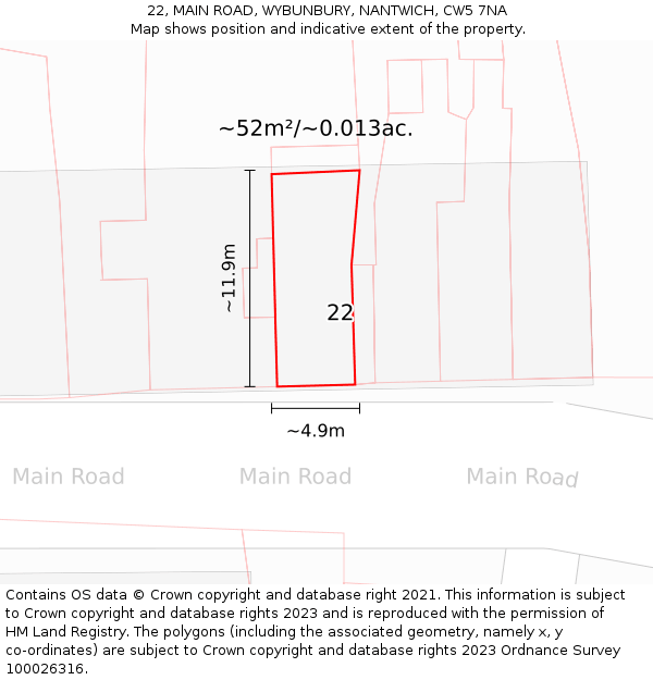 22, MAIN ROAD, WYBUNBURY, NANTWICH, CW5 7NA: Plot and title map