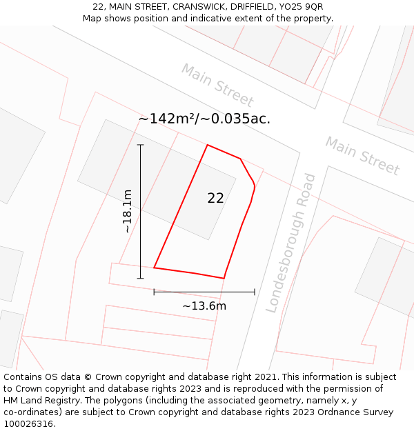 22, MAIN STREET, CRANSWICK, DRIFFIELD, YO25 9QR: Plot and title map