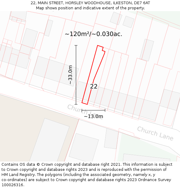 22, MAIN STREET, HORSLEY WOODHOUSE, ILKESTON, DE7 6AT: Plot and title map