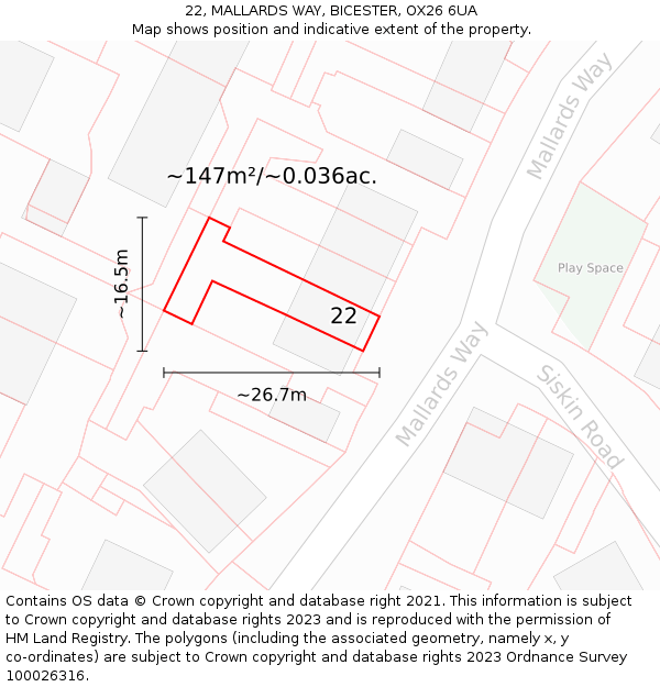 22, MALLARDS WAY, BICESTER, OX26 6UA: Plot and title map