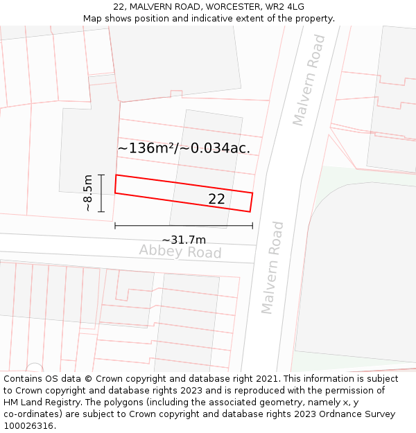 22, MALVERN ROAD, WORCESTER, WR2 4LG: Plot and title map