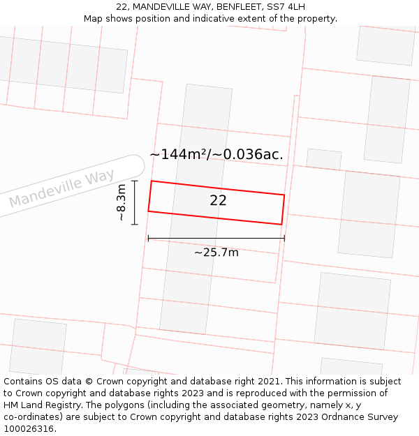 22, MANDEVILLE WAY, BENFLEET, SS7 4LH: Plot and title map